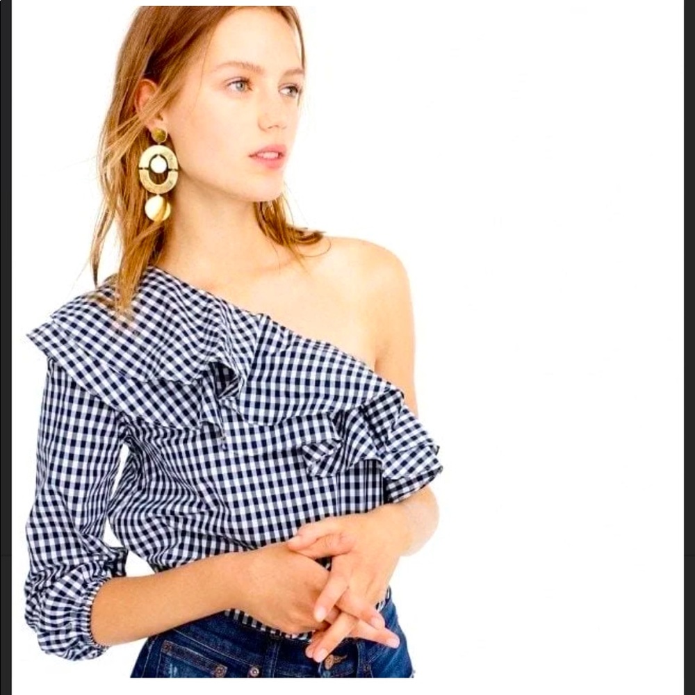 J.Crew Gingham One-Shoulder Ruffle Top SZ 8